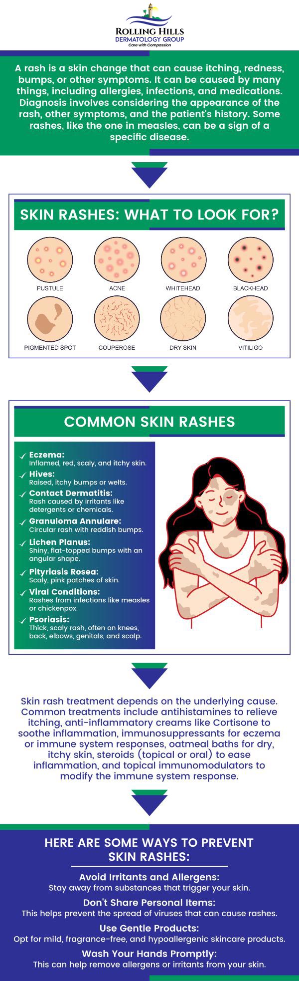 Common questions asked by patients: What causes skin rashes? How do I know if my skin rash is serious? Can a skin rash be a sign of an allergy? When should I see a specialist for a skin rash? For more information, contact us or request an appointment online. We are conveniently located at 449 Silver Spur Road, Rolling Hills Estates, CA 90274. We serve patients from Rolling Hills Estate CA, Torrance CA, West Carson CA, Lomita CA, Palos Verdes Estates CA, Hermosa Beach CA, Manhattan Beach CA, Redondo Beach CA, and surrounding areas.