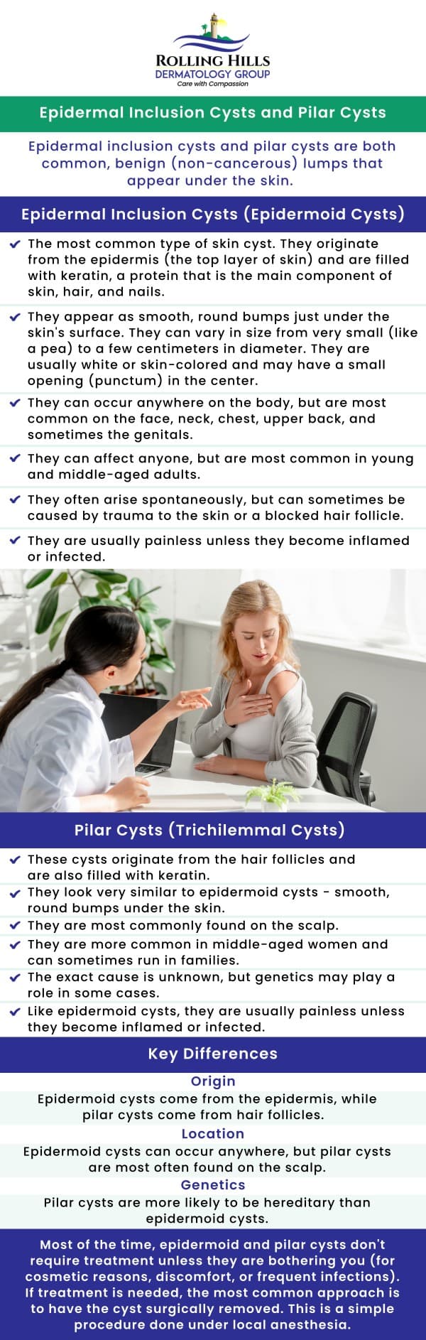 Get expert care for epidermal inclusion and pilar cysts with our highly skilled dermatologists. At Rolling Hills Dermatology Group, we provide effective treatments to remove cysts and reduce recurrence, helping you regain smoother and clearer skin. Whether you’re dealing with uncomfortable cysts or seeking preventative care, we offer personalized solutions that are safe and effective. Contact us now and schedule your appointment today and experience the difference in specialized care. We have convenient locations in Rolling Hills Estate CA, and Seal Beach CA. Get expert care for epidermal inclusion and pilar cysts with our highly skilled dermatologists. At Rolling Hills Dermatology Group, we provide effective treatments to remove cysts and reduce recurrence, helping you regain smoother and clearer skin. Whether you’re dealing with uncomfortable cysts or seeking preventative care, we offer personalized solutions that are safe and effective. Contact us now and schedule your appointment today and experience the difference in specialized care. We have convenient locations in Rolling Hills Estate CA, and Seal Beach CA.