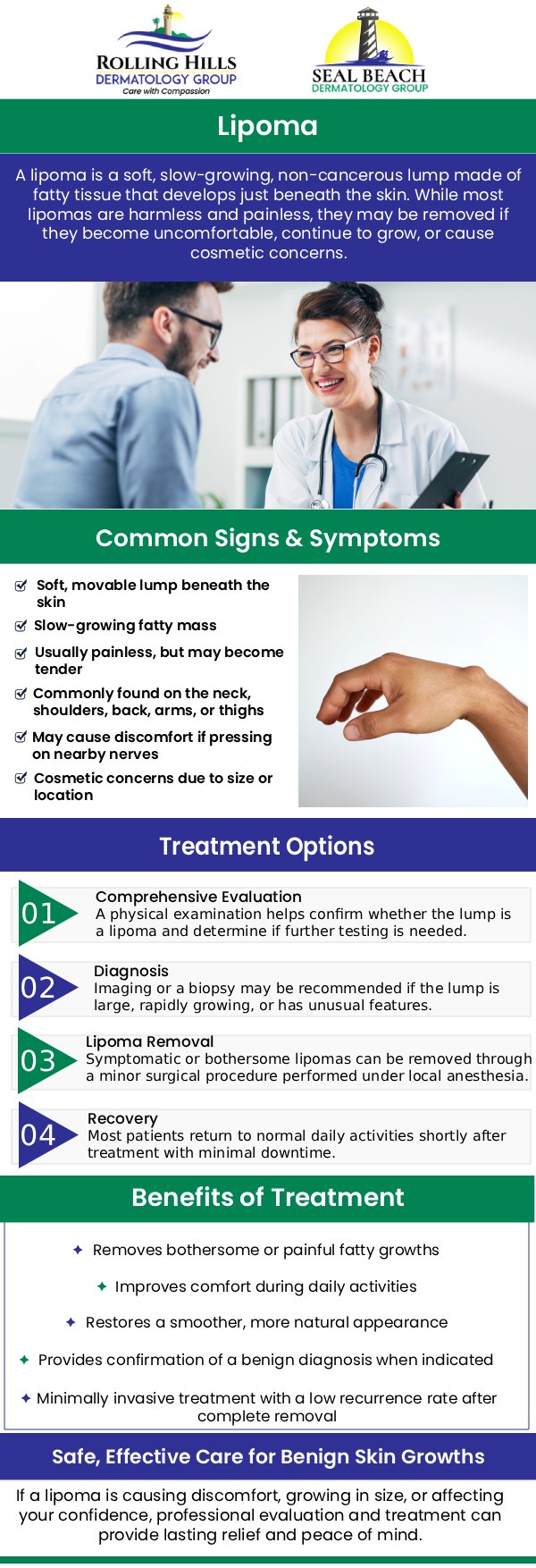 Common questions asked by patients: What is a lipoma? How do I know if I need lipoma removal? Is lipoma removal a painful procedure? Will lipoma removal leave a scar? For more information, contact us or request an appointment online. We serve patients from Rolling Hills Estate CA, Torrance CA, West Carson CA, Lomita CA, Palos Verdes Estates CA, Hermosa Beach CA, Manhattan Beach CA, Redondo Beach CA, Seal Beach CA, Rossmoor CA, Garden Groce CA, Santon CA, Westminister CA, and surrounding areas.