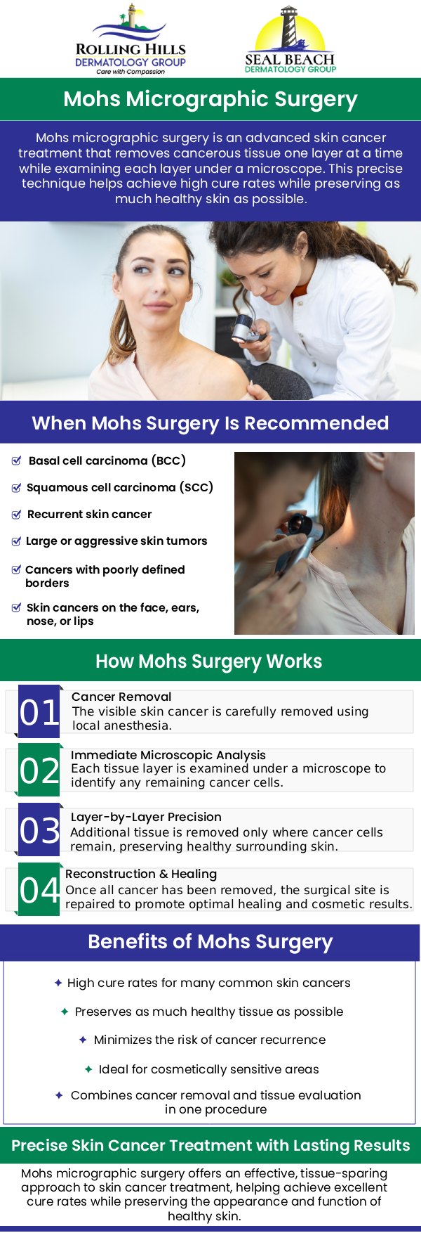 Receive precise and effective skin cancer treatment with Mohs micrographic surgery in Rolling Hills Estates, CA. This advanced technique removes cancerous cells while preserving as much healthy tissue as possible. Trust the specialists at Rolling Hills Dermatology Group for expert care and personalized treatment plans. Our team is ready to serve you in the best possible ways at Rolling Hills Dermatology Group. For more information, contact us or schedule an appointment online. We have convenient locations in Rolling Hills Estate CA, and Seal Beach CA.