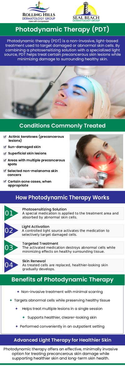 Common questions asked by patients: What is photodynamic therapy (PDT)? What conditions can be treated with photodynamic therapy? How many photodynamic therapy sessions are needed? How long does a photodynamic therapy session take? For more information, contact us or request an appointment online. We serve patients from Rolling Hills Estate CA, Torrance CA, West Carson CA, Lomita CA, Palos Verdes Estates CA, Hermosa Beach CA, Manhattan Beach CA, Redondo Beach CA, Seal Beach CA, Rossmoor CA, Garden Groce CA, Santon CA, Westminister CA, and surrounding areas.