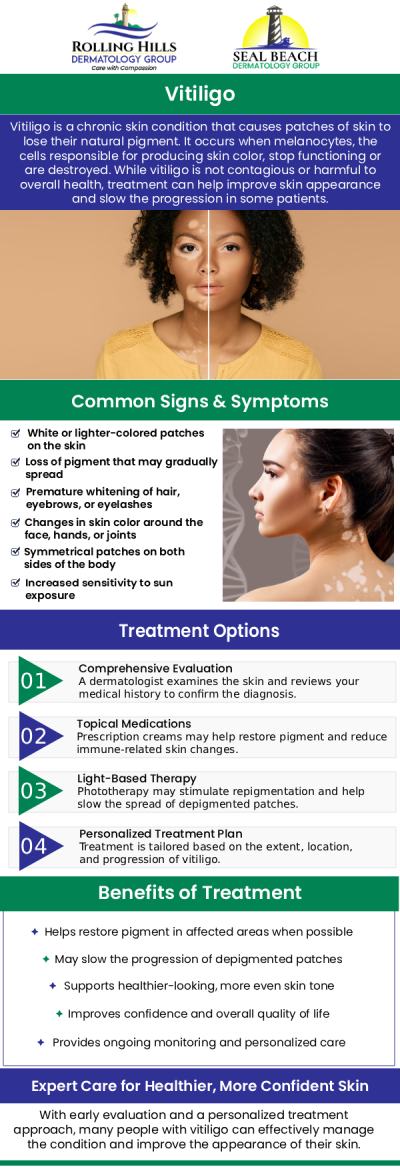 Restore your skin’s natural color with expert vitiligo treatments customized to your needs. Our experienced specialists offer cutting-edge solutions designed to manage and improve the appearance of vitiligo. At Rolling Hills Dermatology Group, we take a personalized approach to care, ensuring the best outcomes for your unique condition. Contact us today or schedule an appointment online to start your journey to revitalized skin. We have convenient locations in Rolling Hills Estate CA, and Seal Beach CA.