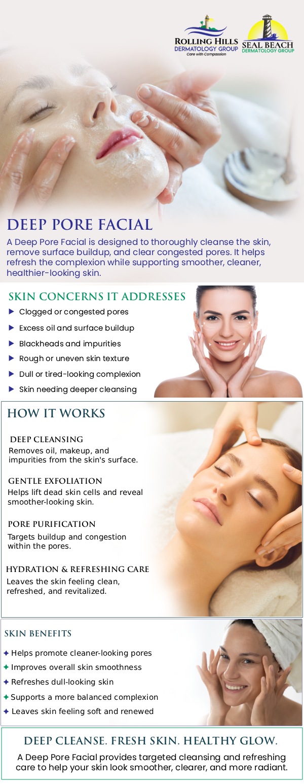 Common questions asked by clients: What is a deep pore cleansing facial? How does it help my skin? Is this facial good for acne-prone skin? What happens during the treatment? At Rolling Hills, Dr. Fein offers Deep Pore Cleansing Facials tailored to address clogged pores, excess oil, and acne-prone skin. This comprehensive treatment includes thorough cleansing, gentle exfoliation, steam, and manual extractions to remove impurities and dead skin cells. Under Dr. Fein’s care, patients experience a clearer, smoother complexion with minimal downtime. For more information, contact us or request an appointment online. We have convenient locations in Rolling Hills Estate CA, and Seal Beach CA. Common questions asked by clients: What is a deep pore cleansing facial? How does it help my skin? Is this facial good for acne-prone skin? What happens during the treatment? At Rolling Hills, Dr. Fein offers Deep Pore Cleansing Facials tailored to address clogged pores, excess oil, and acne-prone skin. This comprehensive treatment includes thorough cleansing, gentle exfoliation, steam, and manual extractions to remove impurities and dead skin cells. Under Dr. Fein’s care, patients experience a clearer, smoother complexion with minimal downtime. For more information, contact us or request an appointment online. We have convenient locations in Rolling Hills Estate CA, and Seal Beach CA.