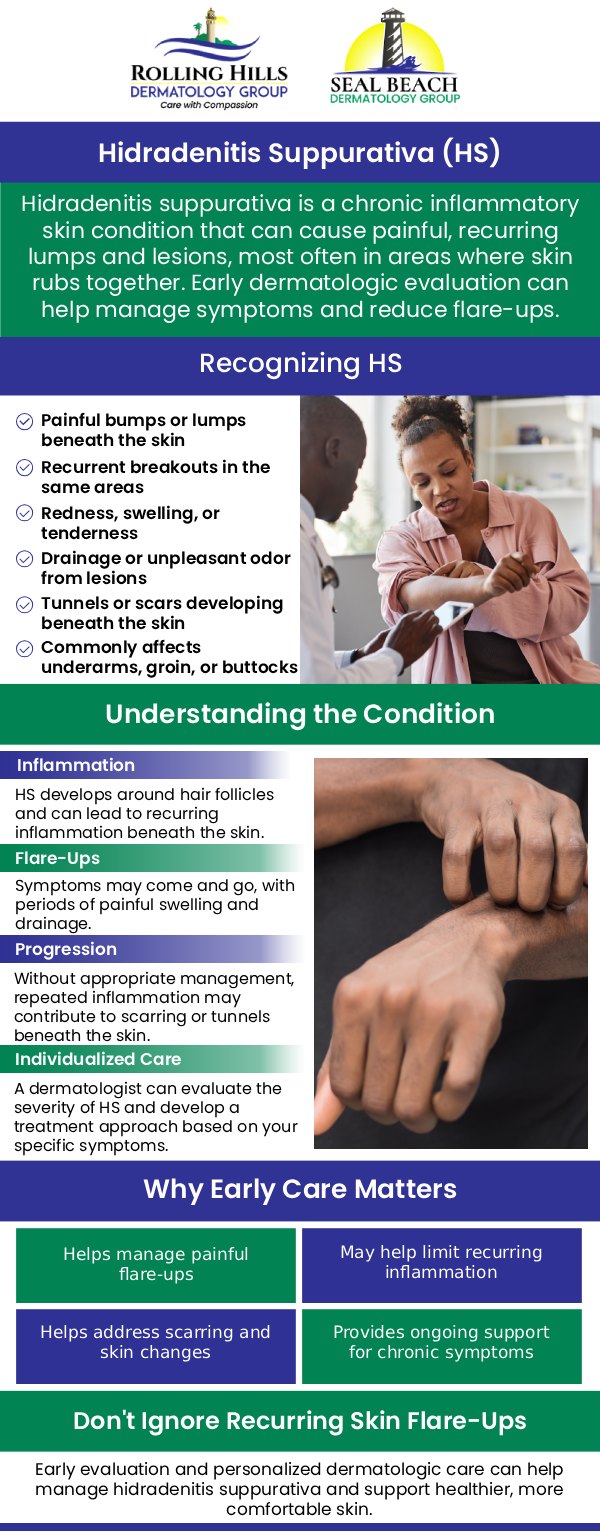 Common questions asked by patients: What is hidradenitis suppurativa (HS)? What are the symptoms of hidradenitis suppurativa? Is hidradenitis suppurativa contagious? Can hidradenitis suppurativa be prevented? For more information, contact us or request an appointment online. We serve patients from Rolling Hills Estate CA, Torrance CA, West Carson CA, Lomita CA, Palos Verdes Estates CA, Hermosa Beach CA, Manhattan Beach CA, Redondo Beach CA, Seal Beach CA, Rossmoor CA, Garden Groce CA, Santon CA, Westminister CA, and surrounding areas.