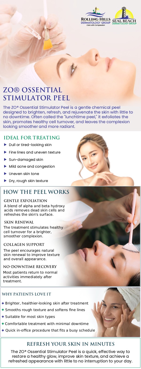 Common questions asked by clients: What is the Ossential Stimulator Peel? How does this ZO Skin Health peel work? What skin concerns does the Stimulator Peel help with? Is the peel safe for all skin types? At Rolling Hills, Dr. Fein offers the ZO Skin Health Ossential Stimulator Peel—a gentle yet effective treatment designed to rejuvenate and brighten your complexion. This utilizes a unique blend of exfoliating ingredients to remove dead skin cells, stimulate collagen production, and improve overall skin tone and texture. Patients experience a refreshed, radiant glow with minimal to no downtime. For more information, contact us or request an appointment online. We have convenient locations in Rolling Hills Estate CA, and Seal Beach CA. Common questions asked by clients: What is the Ossential Stimulator Peel? How does this ZO Skin Health peel work? What skin concerns does the Stimulator Peel help with? Is the peel safe for all skin types? At Rolling Hills, Dr. Fein offers the ZO Skin Health Ossential Stimulator Peel—a gentle yet effective treatment designed to rejuvenate and brighten your complexion. This utilizes a unique blend of exfoliating ingredients to remove dead skin cells, stimulate collagen production, and improve overall skin tone and texture. Patients experience a refreshed, radiant glow with minimal to no downtime. For more information, contact us or request an appointment online. We have convenient locations in Rolling Hills Estate CA, and Seal Beach CA.
