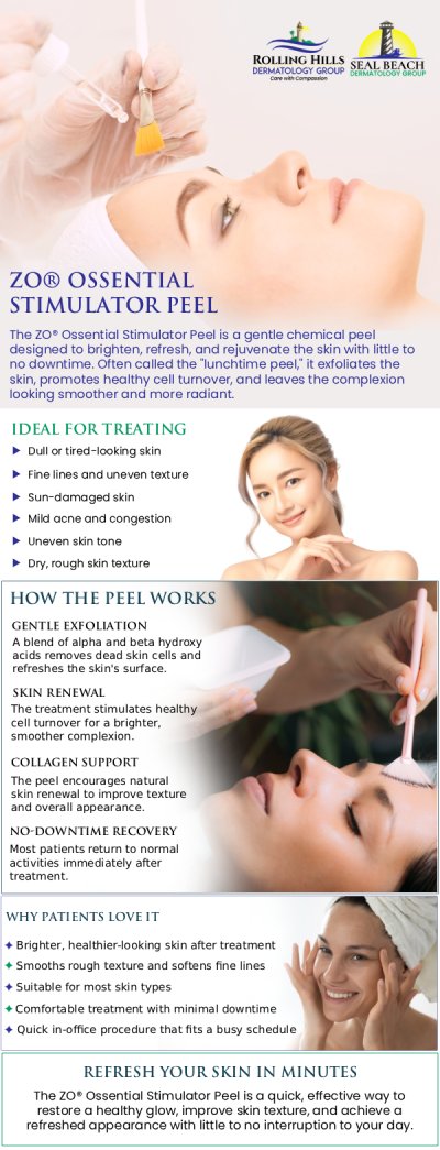 Common questions asked by clients: What is the Ossential Stimulator Peel? How does this ZO Skin Health peel work? What skin concerns does the Stimulator Peel help with? Is the peel safe for all skin types? At Rolling Hills, Dr. Fein offers the ZO Skin Health Ossential Stimulator Peel—a gentle yet effective treatment designed to rejuvenate and brighten your complexion. This utilizes a unique blend of exfoliating ingredients to remove dead skin cells, stimulate collagen production, and improve overall skin tone and texture. Patients experience a refreshed, radiant glow with minimal to no downtime. For more information, contact us or request an appointment online. We have convenient locations in Rolling Hills Estate CA, and Seal Beach CA. Common questions asked by clients: What is the Ossential Stimulator Peel? How does this ZO Skin Health peel work? What skin concerns does the Stimulator Peel help with? Is the peel safe for all skin types? At Rolling Hills, Dr. Fein offers the ZO Skin Health Ossential Stimulator Peel—a gentle yet effective treatment designed to rejuvenate and brighten your complexion. This utilizes a unique blend of exfoliating ingredients to remove dead skin cells, stimulate collagen production, and improve overall skin tone and texture. Patients experience a refreshed, radiant glow with minimal to no downtime. For more information, contact us or request an appointment online. We have convenient locations in Rolling Hills Estate CA, and Seal Beach CA.