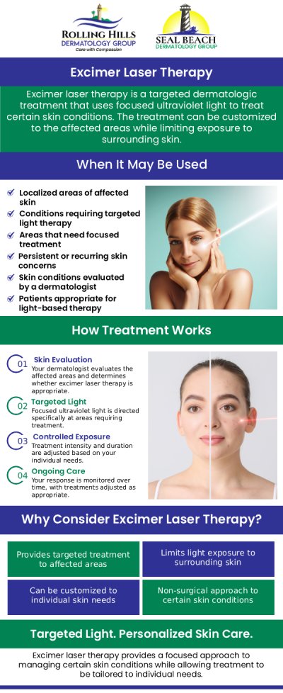 Excimer laser therapy delivers a highly concentrated, specialized beam of UVB light directly to stubborn skin lesions, plaques, or depigmented areas. Unlike traditional phototherapy that exposes the entire body to ultraviolet light, the Excimer laser precisely targets only the affected tissue while leaving the surrounding healthy skin completely untouched. This pain-free, non-invasive treatment is clinically proven to clear mild to moderate psoriasis and repigment vitiligo and soothe severe eczema faster than topical creams alone. At Rolling Hills Dermatology, Dr. Fein help you achieve clearer, healthier skin without the need for systemic medications or prolonged downtime. For more information, contact us or request an appointment online. We are conveniently located at 449 Silver Spur Road Rolling Hills Estates, CA 90274.