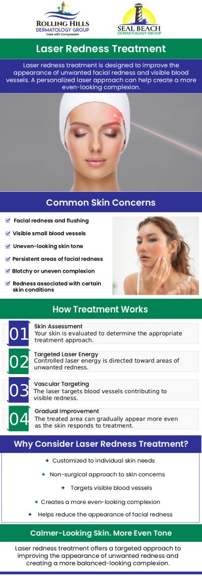 Dealing with chronic facial redness, rosacea, or broken capillaries can be incredibly frustrating, but you do not have to just live with it. At Rolling Hills Dermatology Group, we offer state-of-the-art laser treatments designed to safely and effectively target unwanted vascular issues. By delivering precise light energy to the skin, our lasers collapse visible blood vessels and reduce diffuse redness without damaging the surrounding tissue. For more information, contact us or request an appointment online. We are conveniently located at 449 Silver Spur Road Rolling Hills Estates, CA 90274.